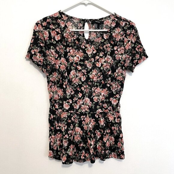 FOREVER 21 Black Pink Multi Floral Lace Twee 2010s Short Sleeve Peplum Blouse M - Picture 2 of 16